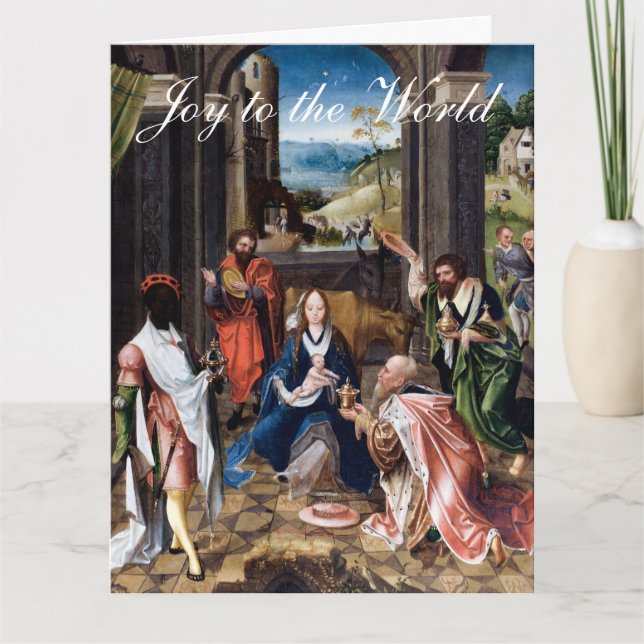Tarjeta Jesús bebé con el saludo de Navidad de los Maji (Anverso)