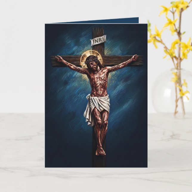 Tarjeta Jesus Crucified Blessed Easter Card Blue (flor amarilla)