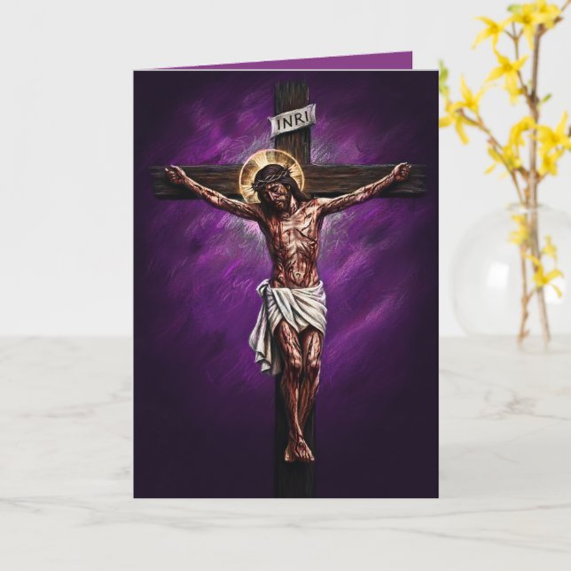 Tarjeta Jesus Crucified Blessed Easter Card Purple (flor amarilla)