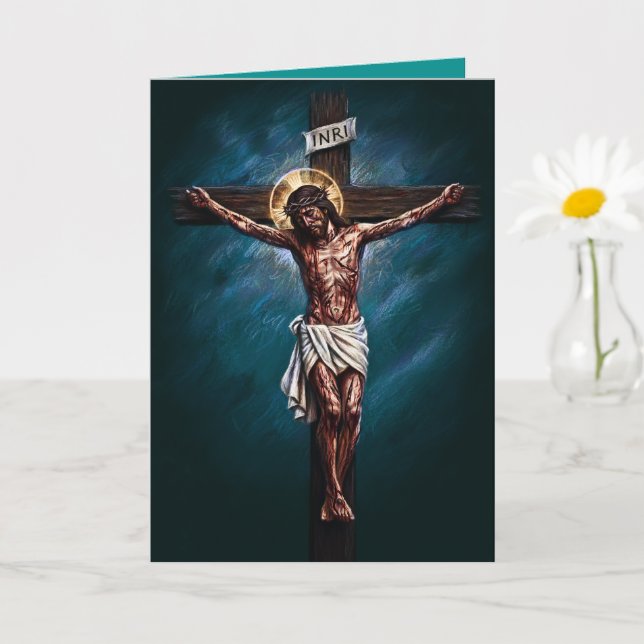 Tarjeta Jesus Crucified Blessed Easter Card Teal (Planta pequeña)
