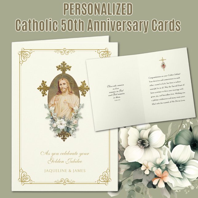Tarjeta Jesús, el 50 aniversario del Boda Jubileo (Traditional Catholic Sacred Heart of Jesus Golden 50th Wedding Anniversary Card)