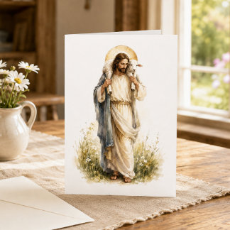 Tarjeta Jesús el Buen Pastor Acuarela Cristiano