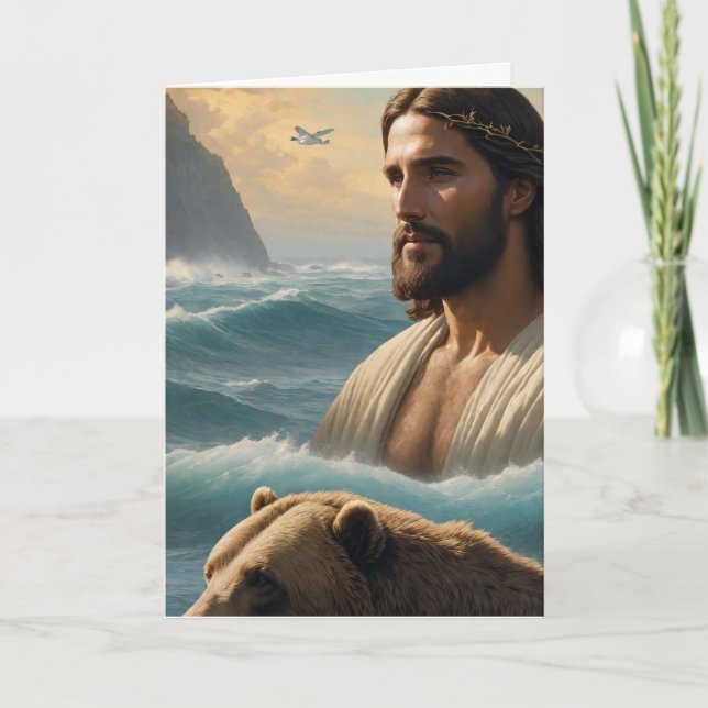 Tarjeta Jesús en el océano con un oso (Anverso)
