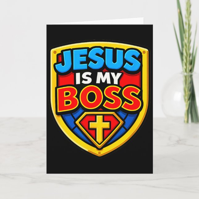 Tarjeta Jesús Es Mi Jefe Escudo Cristiano Superhéroe (Anverso)