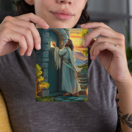 Tarjeta Jesús llamó a una puerta rústica