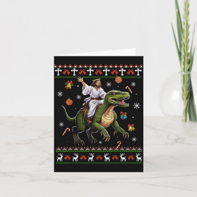 Tarjeta Jesus Riding Dinosaur Funny Meme Ugly Christmas Sw (Anverso)