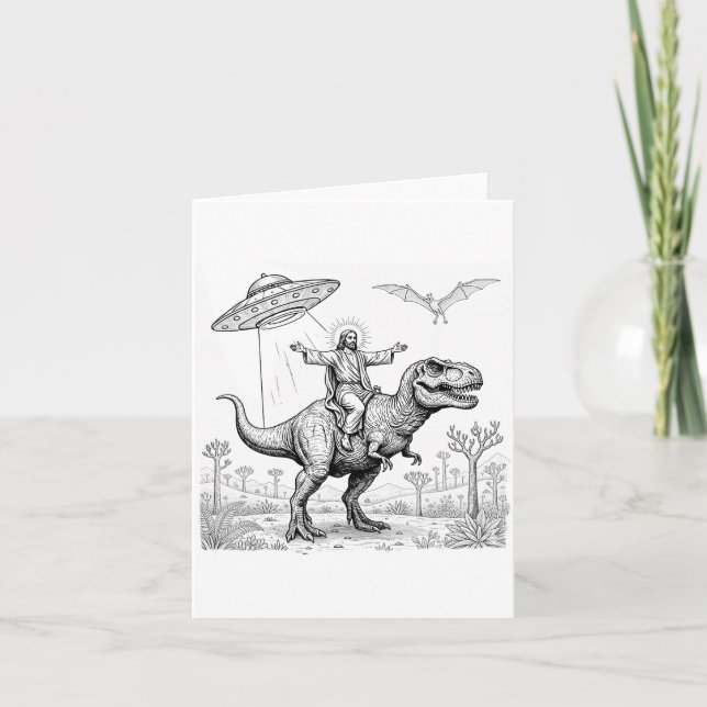 Tarjeta Jesus Riding Dinosaur T-rex Ufo Hunting Alien Sci- (Anverso)