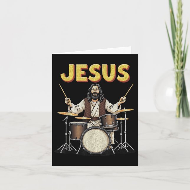 Tarjeta Jesús Rockea Música Funny Diseño de Drummer Cristi (Anverso)