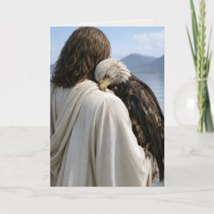 Tarjeta Jesús sosteniendo un águila calva cansada
