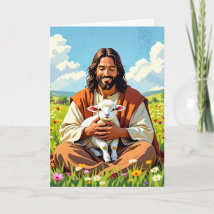 Tarjeta Jesús sostiene un cordero   Pascua religiosa