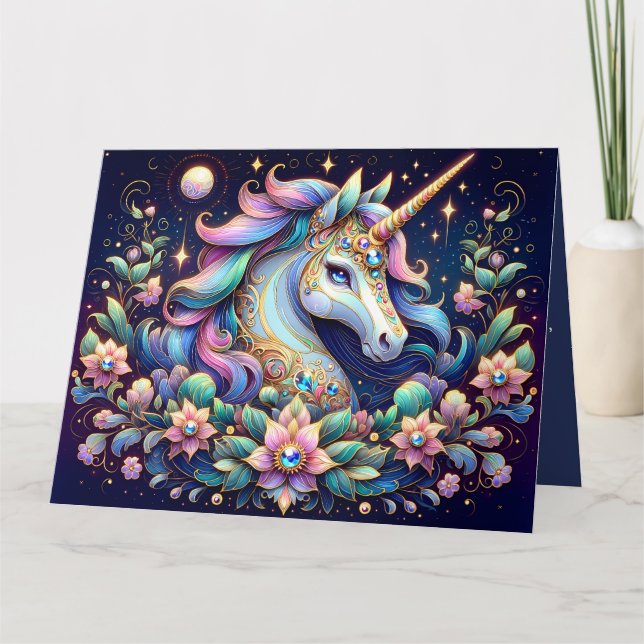 Tarjeta Jewel Toned Unicorn Floral Fantasy (Anverso)
