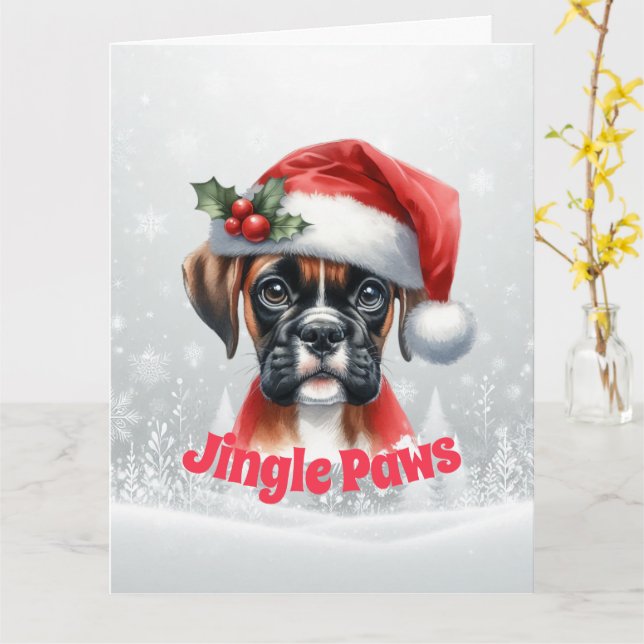 Tarjeta Jingle Paws y Boxer Dog Joy Holiday (flor amarilla)