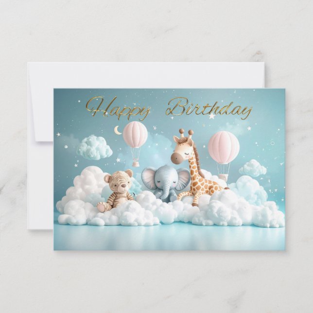 Tarjeta Jirafa bebé con todos sus amigos Feliz Cumpleaños (Anverso)