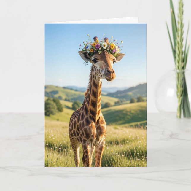 Tarjeta Jirafa de cumpleaños con corona floral (Anverso)