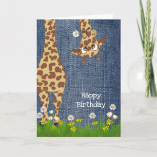 Tarjeta jirafa de cumpleaños con denim azul