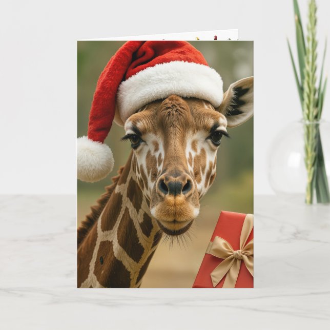 Tarjeta Jirafa de Navidad con regalo de fiesta (Anverso)