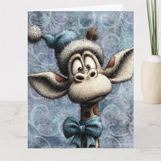 Tarjeta Jirafa Lindo Navidad Azul Invierno Con Sombrero (Anverso)