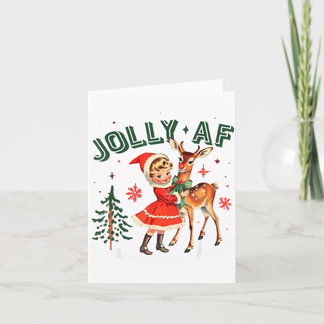 Tarjeta Jolly Af Christmas Retro 50s Cute Girl And Deer Vi (Anverso)