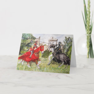 Tarjeta Joust medieval contra un castillo en blanco