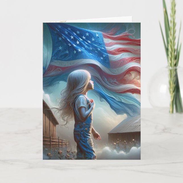 Tarjeta Joven Chica En Campo De Algodón Con Bandera (Anverso)