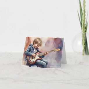 Tarjeta Joven Niño Tocando Bajo Acuarela Blanco