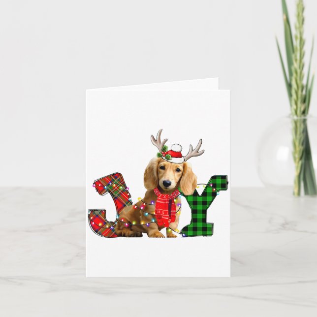 Tarjeta Joy Christmas Lights Long Haired Dachshund Dog San (Anverso)