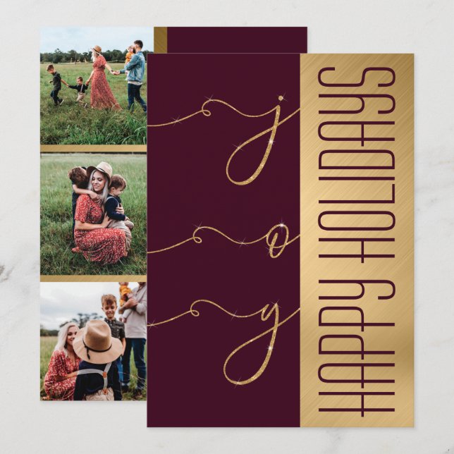 Tarjeta Joy Elegant Gold Burgundy Purpurina de foto festiv (Anverso / Reverso)