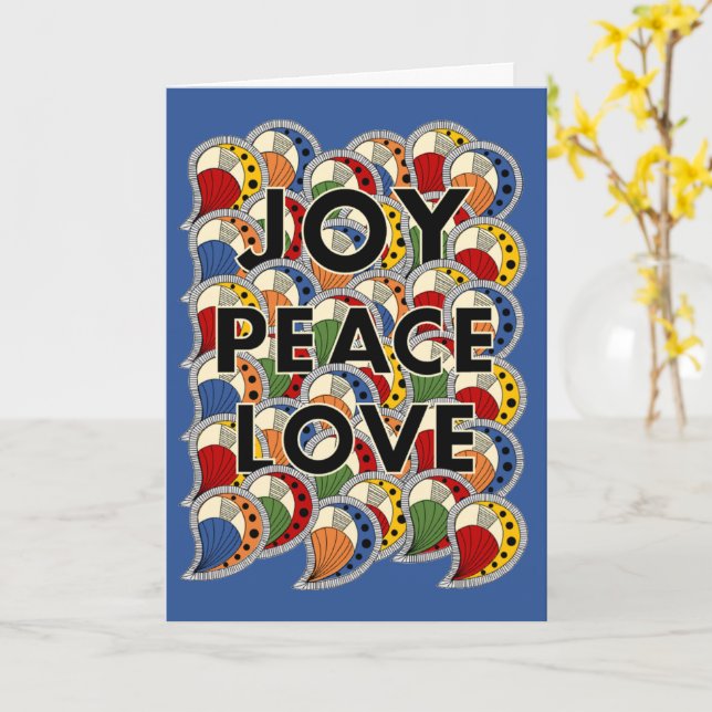 Tarjeta Joy Peace Love - Black Text & Custom Background (flor amarilla)