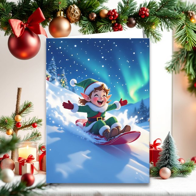 Tarjeta Joyful Christmas Elf Sledding Personalize (Subido por el creador)