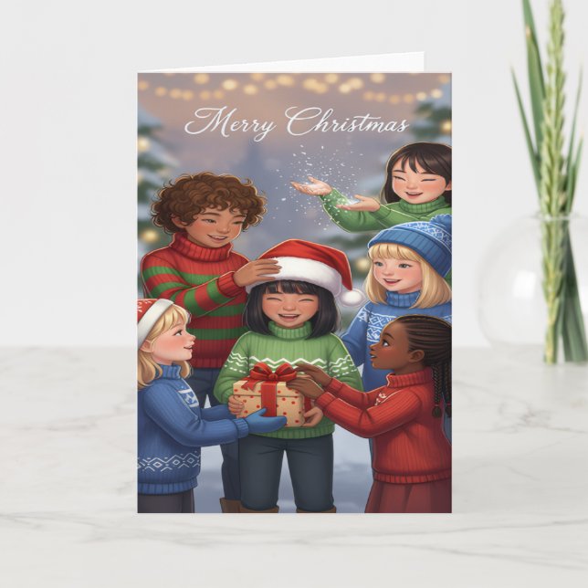 Tarjeta Joyful Gift-Sharing Kids Christmas Card (Anverso)