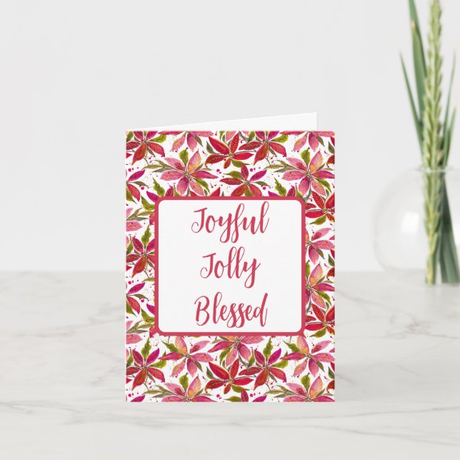 Tarjeta Joyful Jolly Blessed Poinsettia Holiday Card (Anverso)