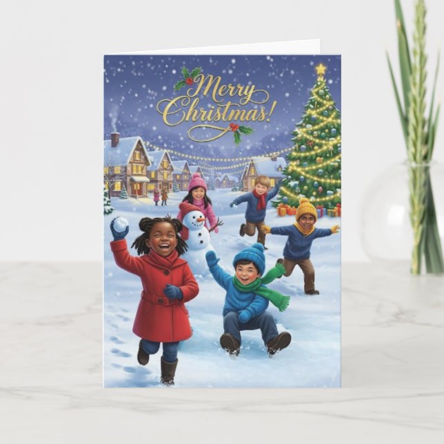 Tarjeta Joyful Kids Playing in the Snow – Merry Christmas (Anverso)