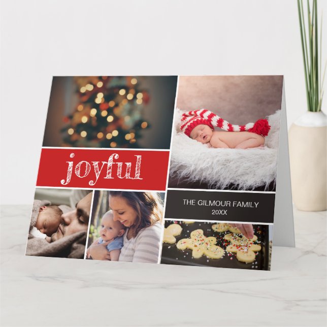 Tarjeta Joyful Modern Script Navidades rojos collage de fo (Anverso)