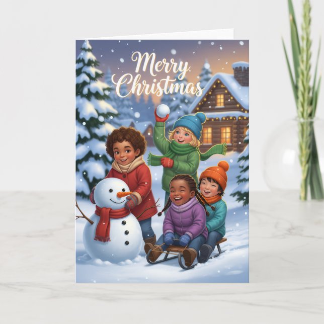 Tarjeta Joyful Snow Day Friends – Kids Christmas Card (Anverso)
