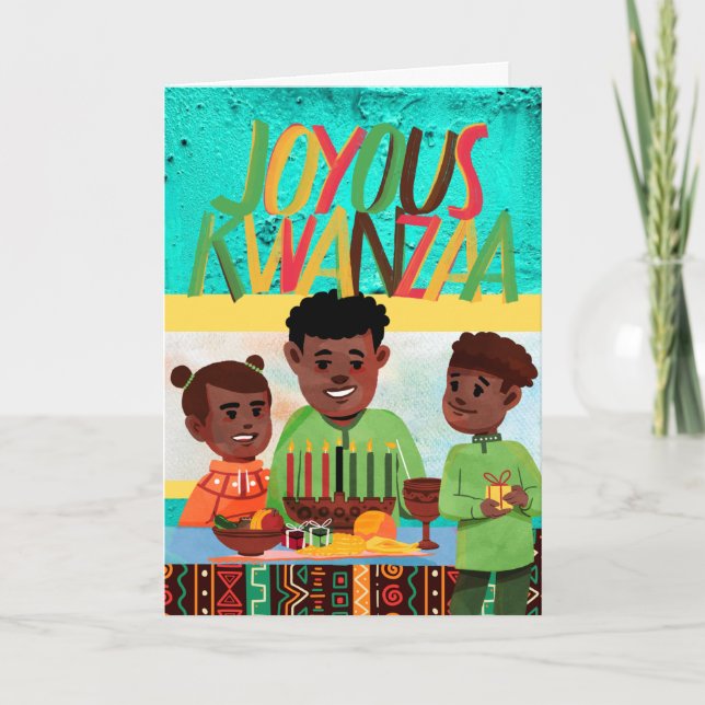 Tarjeta Joyous Kwanzaa Dad y Children with Kinara (Anverso)