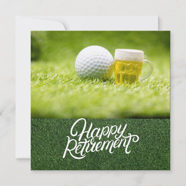 Tarjeta Jubilación de golf con bola de golf y cerveza en v (Anverso)