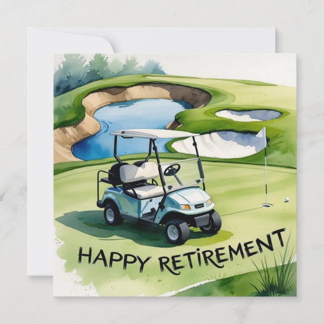 Tarjeta Jubilación de golf con carrito de golf sobre el gr (Anverso)
