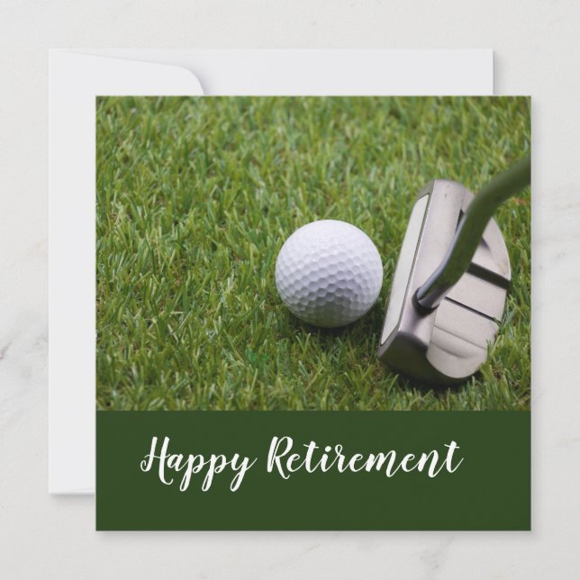 Tarjeta Jubilación de golf feliz con pelota de golf y putt (Anverso)