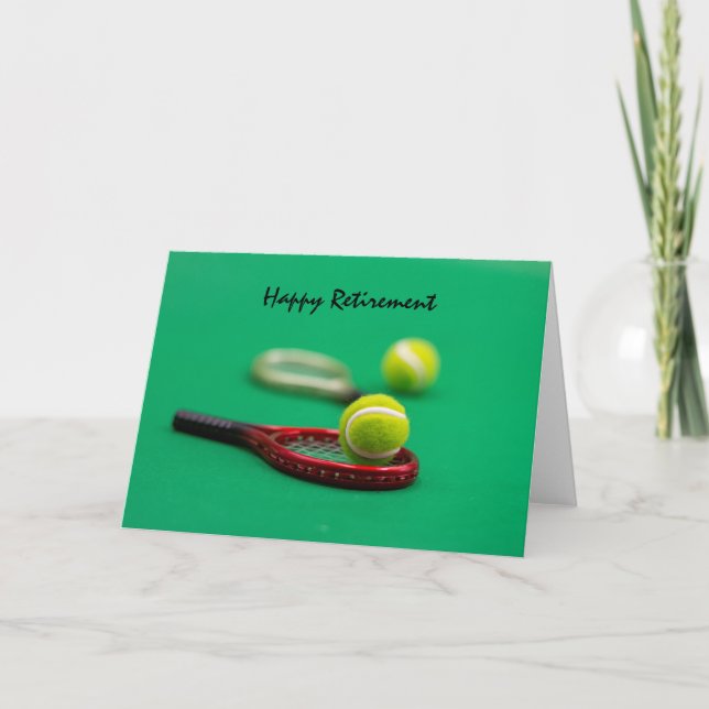 Tarjeta Jubilación de tenis con raqueta y bola en verde (Anverso)