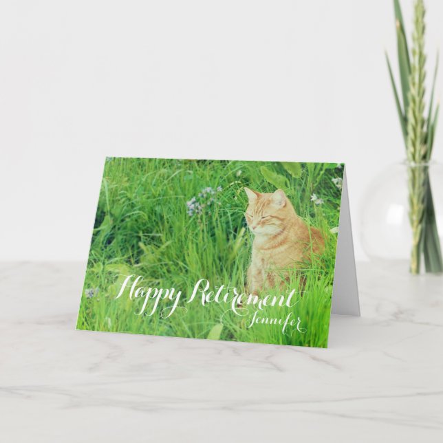 Tarjeta Jubilación durmiendo gatito en un prado (Anverso)
