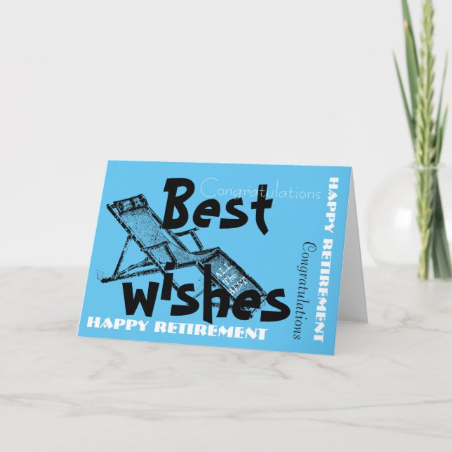 Tarjeta Jubilación feliz con tumbona retro azul 2 (Anverso)