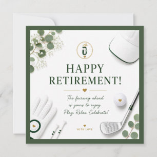 Tarjeta Jubilación Feliz Golf con guante y hierro de golf