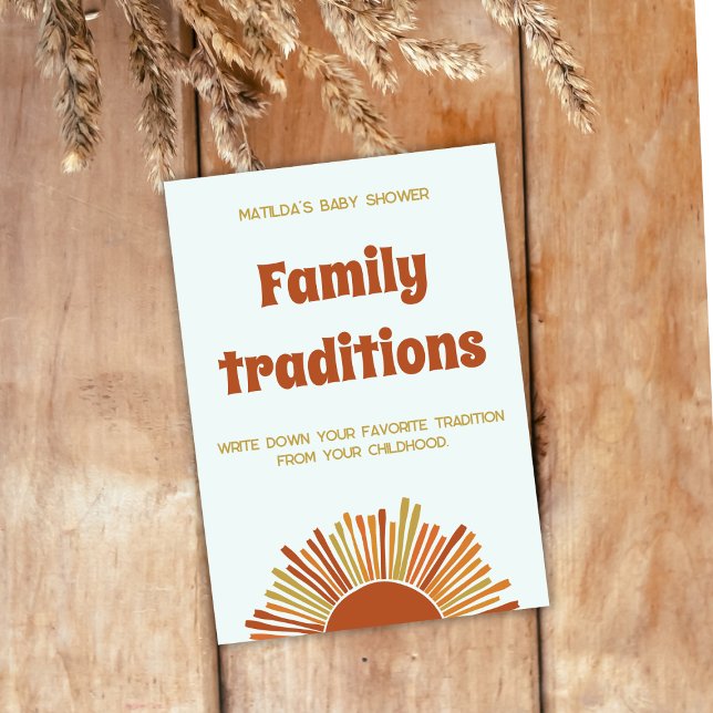 Tarjeta Juego de Baby Shower de Tradición de Familia Boho  (family traditions baby shower activity boho sunshine baby shower retro burned yellow orange brown)