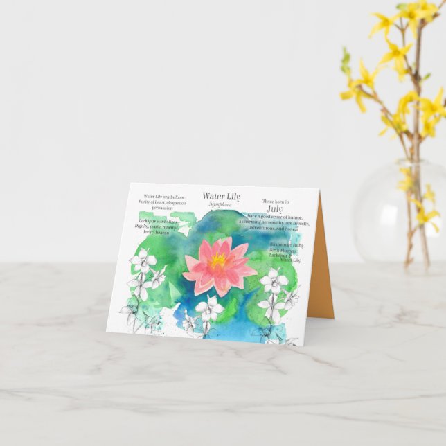 Tarjeta Jueves Cumpleaños Agua Lily Larkspur Flor de Nacim (flor amarilla)