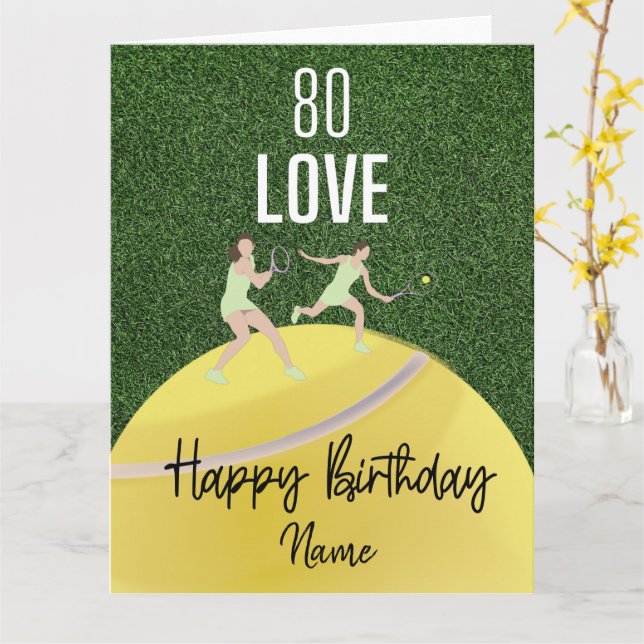 Tarjeta Jugador de tenis 80 cumpleaños en verde (flor amarilla)