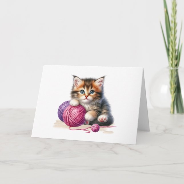 Tarjeta Jugador Kitten Purple Pink Yarn Blank Saludo (Anverso)