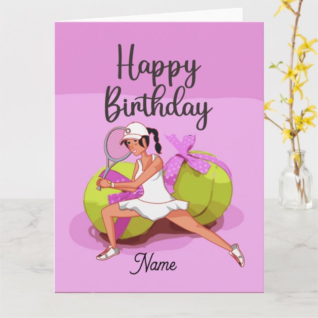 Tarjeta Jugadora de tenis con jugador rosa de cumpleaños f (flor amarilla)