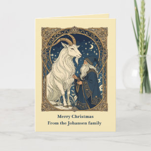 Tarjeta Julbocken escandinavo Cabra de Yule y Jultomten