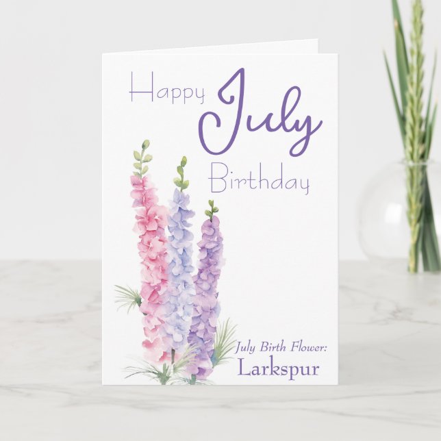 Tarjeta Julio Cumpleaños Flor Larkspur (Anverso)
