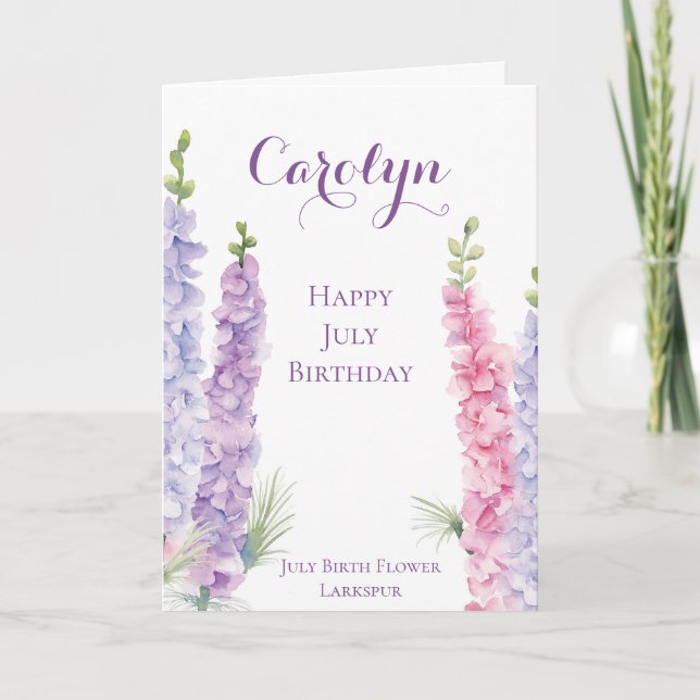 Tarjeta Julio Cumpleaños Mes de Nacimiento Flor Larkspur (Anverso)